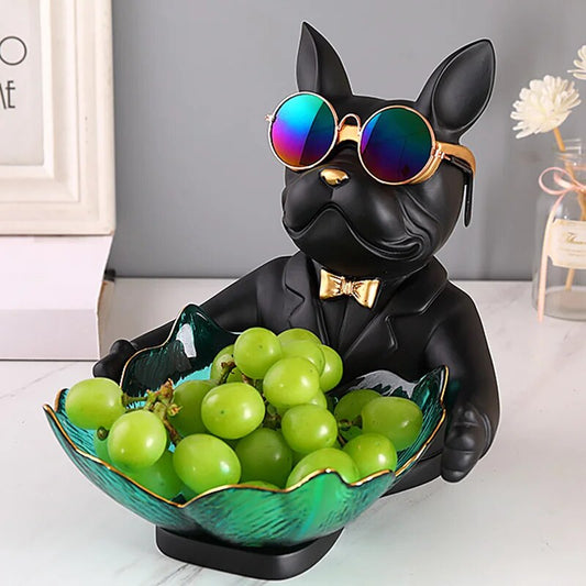 Resin Sculpture Dog Butler Statue with Glass Bowl for Fruit Candy Keys French Bulldog Table Decoration Sculpture Dog Room Decor