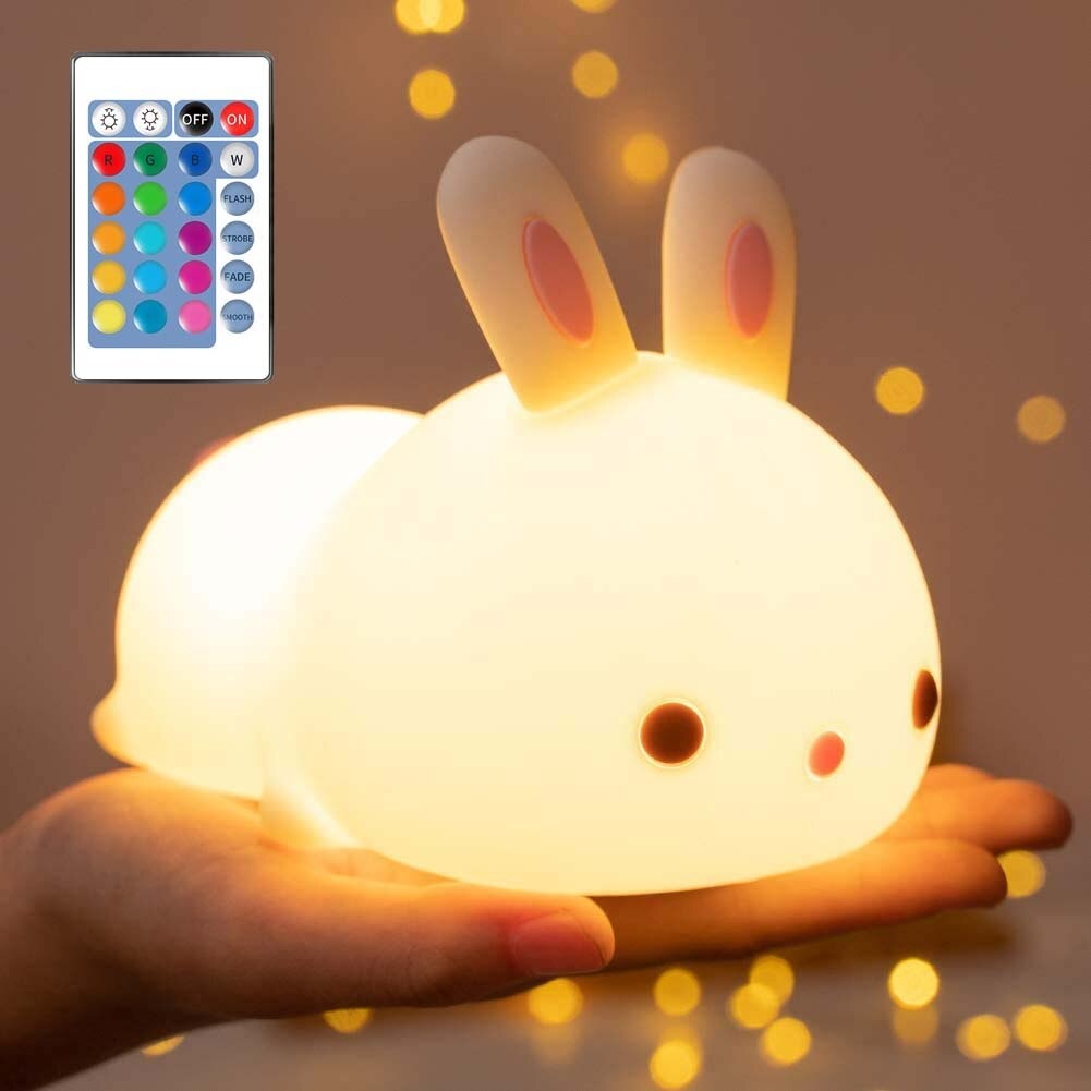 Cute Bunny Multicolor Touch Sensor LED Rechargeable Silicone Night Light w/ Remote Controller